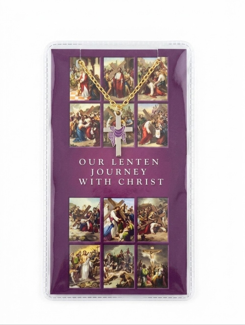Lenten Cross Pendant Gold Tone Necklace & Prayer Card- Purple Accent New